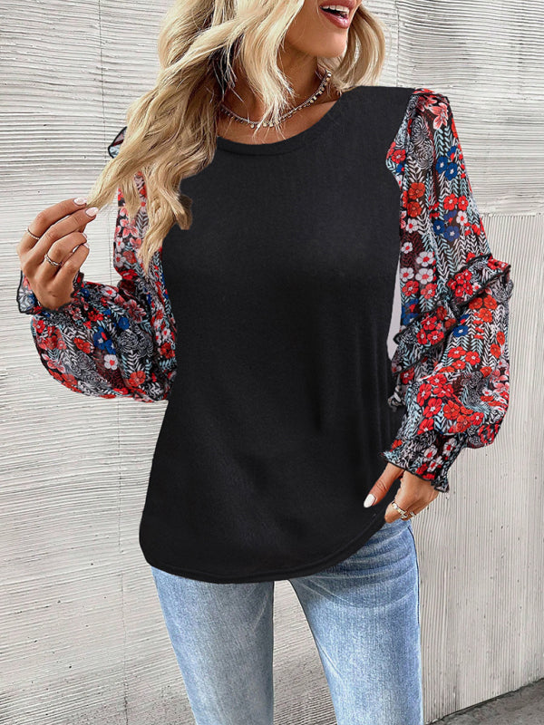 Women's printed sleeve patchwork crew neck shirt