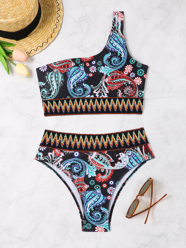 New fashion printed elastic knitted one-shoulder split triangle bikini