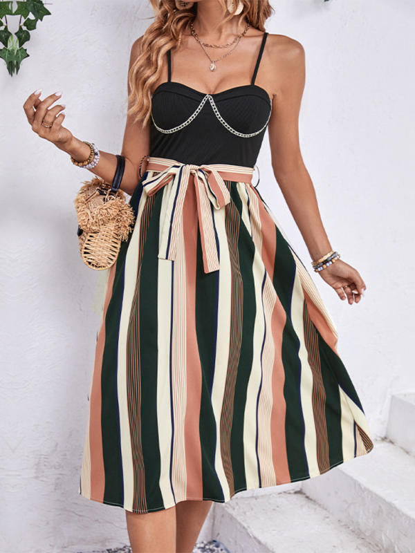 women's striped patchwork suspender dress