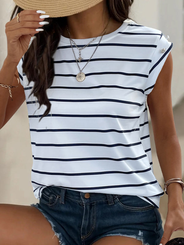 Women's new casual sleeveless striped T-shirt