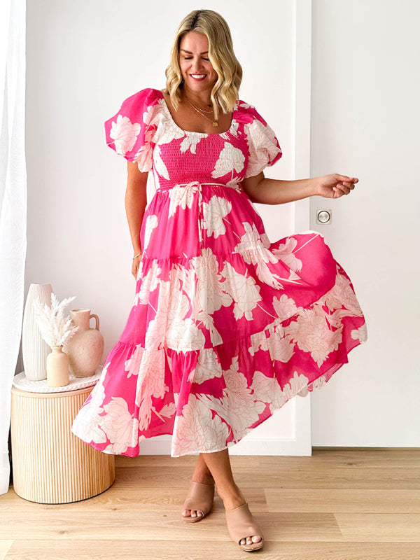 Women's Elegant Printed One Shoulder Puff Sleeve Fashion Dress