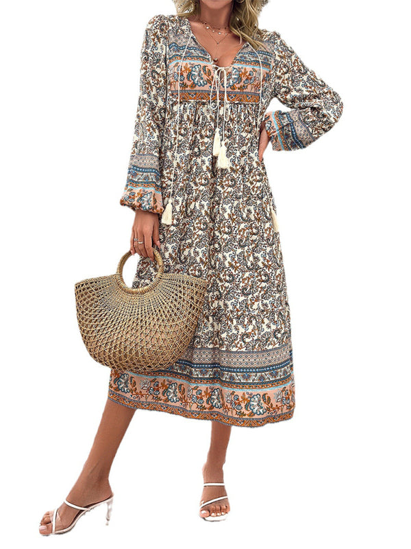 Women's New Casual Vacation Long Sleeve Bohemian Printed Long Skirt