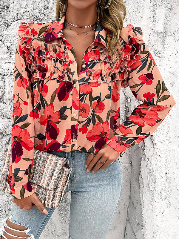 Women's New Resort Casual Floral Print Long Sleeve Shirt