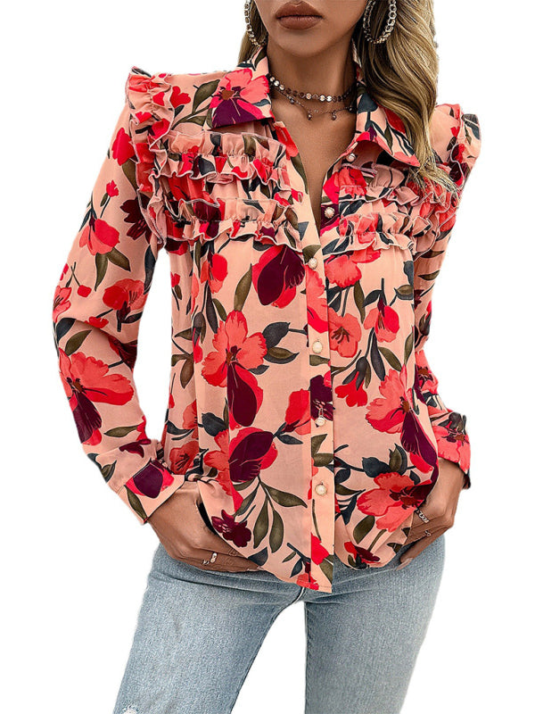 Women's New Resort Casual Floral Print Long Sleeve Shirt