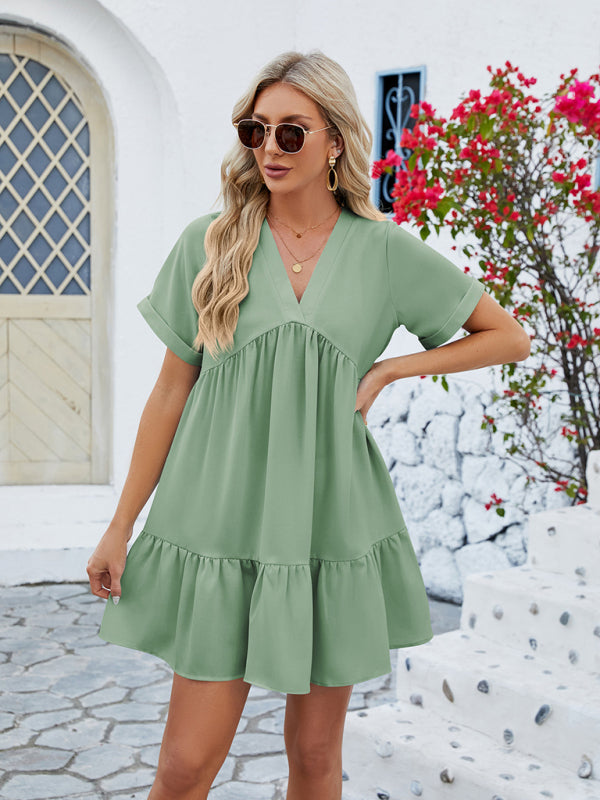 Women's new V-neck solid color short-sleeved pleated loose dress