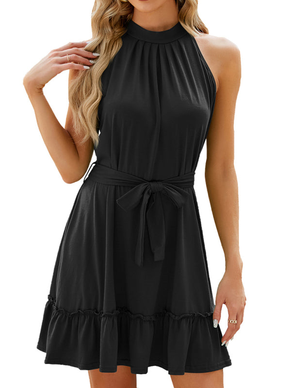 Women's new halter neck strap pleated sleeveless solid color dress