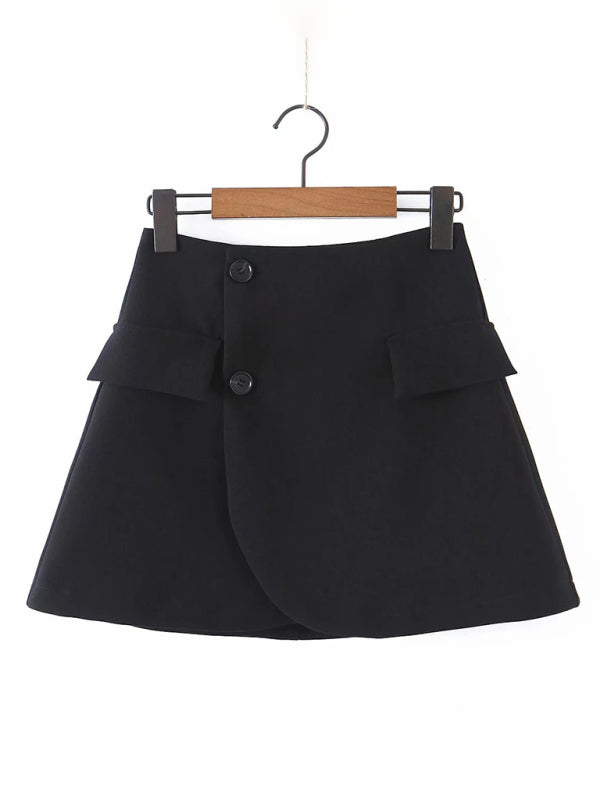 New fashionable casual diagonal button short blazer + high waist pocket skirt suit