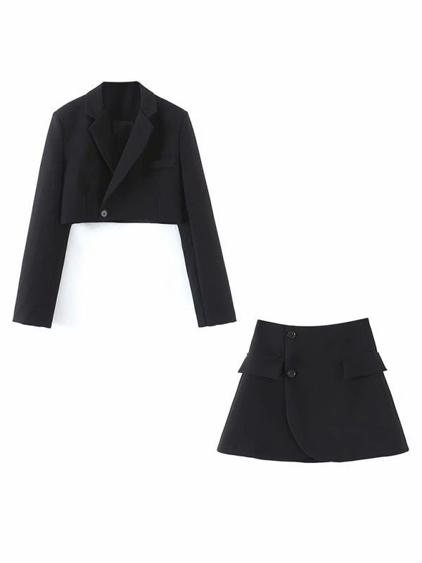 New fashionable casual diagonal button short blazer + high waist pocket skirt suit