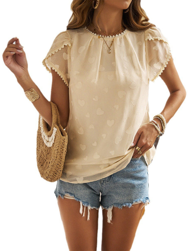 Women's new casual temperament love jacquard solid color petal sleeve top