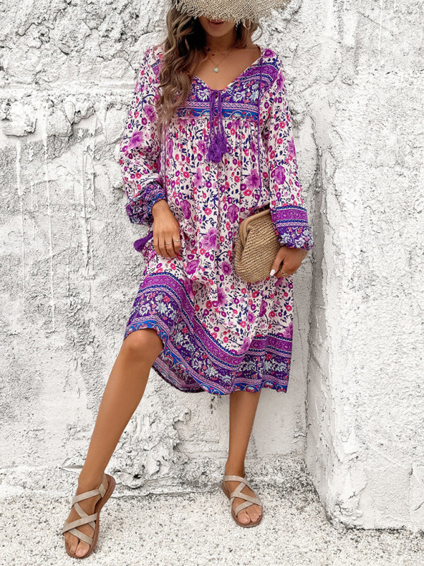 Women's Casual Resort Printed Bohemian Long Sleeve Dress