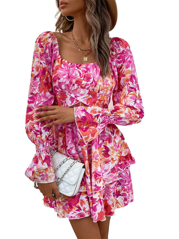 New square neck floral print ruffle short dress