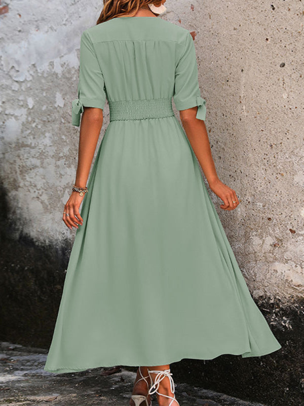 New Elegant V-Neck Commuter Belted Midi Dress