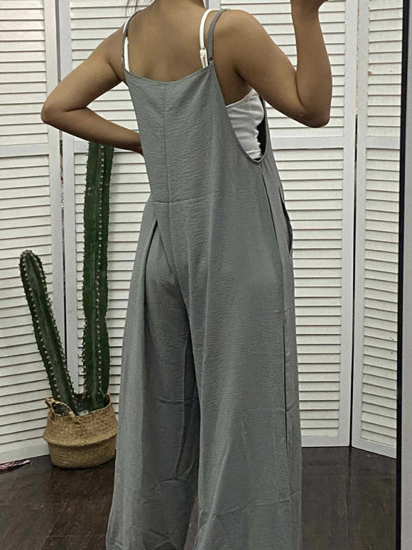 New women's solid color suspender jumpsuit wide leg pants