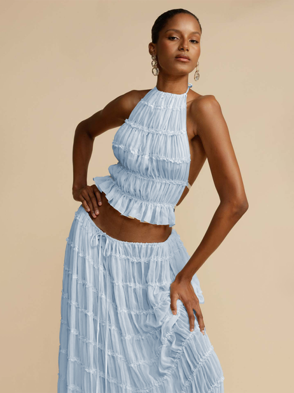 Backless lace-up halter top set and two-piece chiffon pleated long skirt