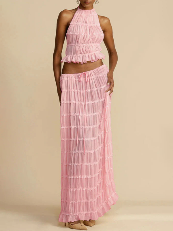 Backless lace-up halter top set and two-piece chiffon pleated long skirt