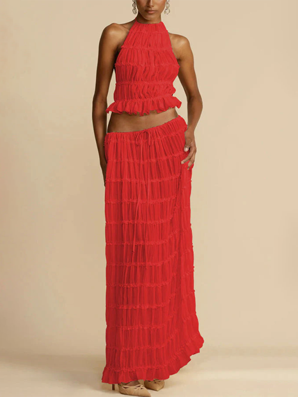 Backless lace-up halter top set and two-piece chiffon pleated long skirt