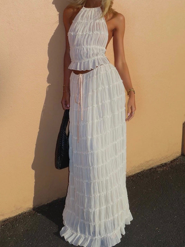 Backless lace-up halter top set and two-piece chiffon pleated long skirt