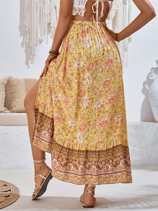 New casual bohemian printed waist drawstring skirt