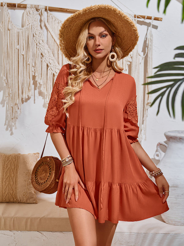 New casual solid color waisted webbing dress