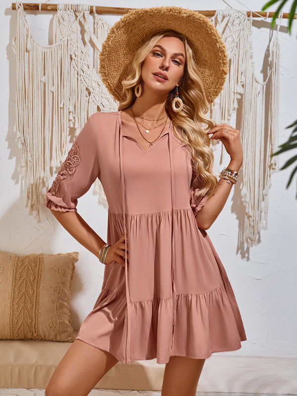 New casual solid color waisted webbing dress