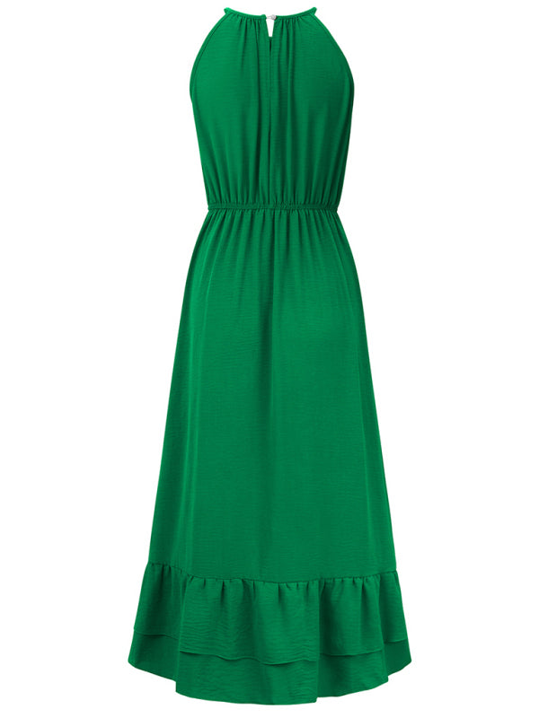 New holiday solid color halter neck V sleeveless waist dress