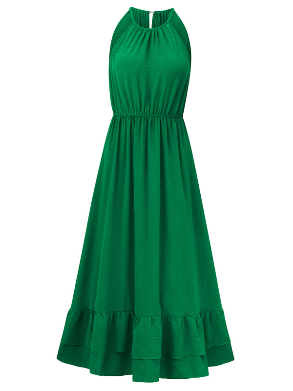 New holiday solid color halter neck V sleeveless waist dress