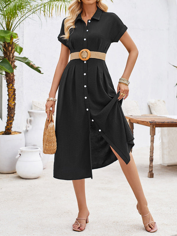 New solid color lapel single-breasted short-sleeved pleated dress