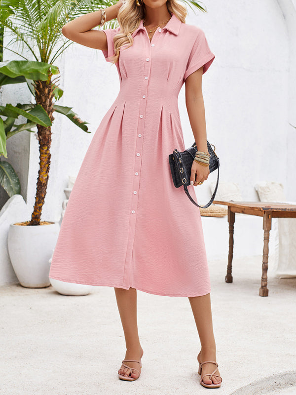 New solid color lapel single-breasted short-sleeved pleated dress