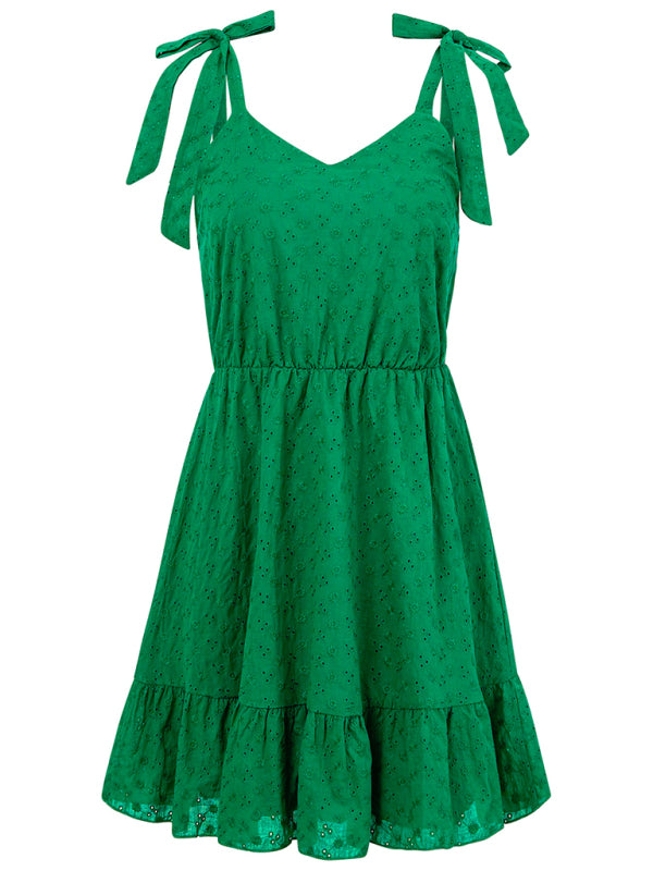 New V-neck suspender solid color waist sleeveless dress