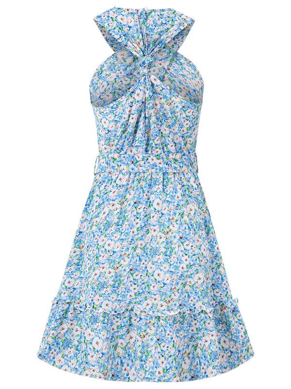 New style halterneck knotted printed strappy waist dress