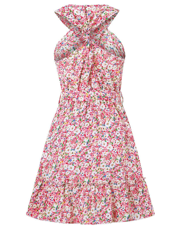 New style halterneck knotted printed strappy waist dress