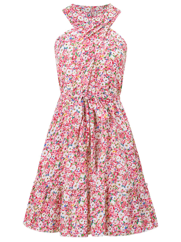 New style halterneck knotted printed strappy waist dress