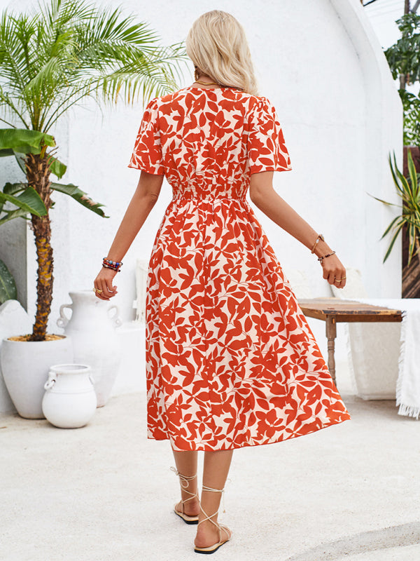 New V-neck short-sleeved waist floral print dress