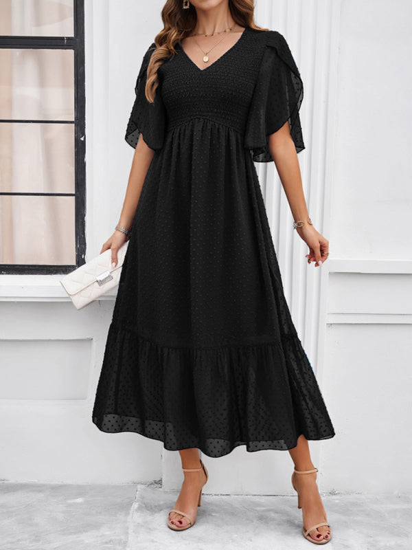 Women's elegant solid color V-neck dress