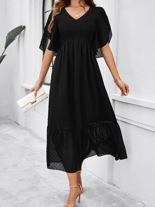 Women's elegant solid color V-neck dress