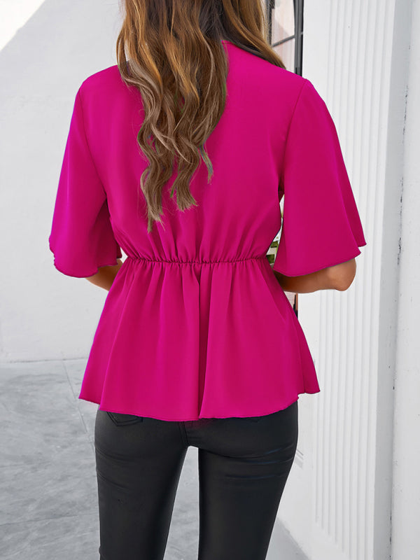 Women's solid color elegant short sleeve strappy tunic top