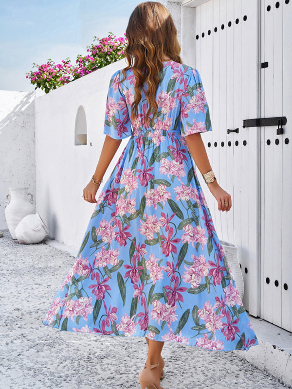 Women's spring and summer vacation casual floral print slit dress