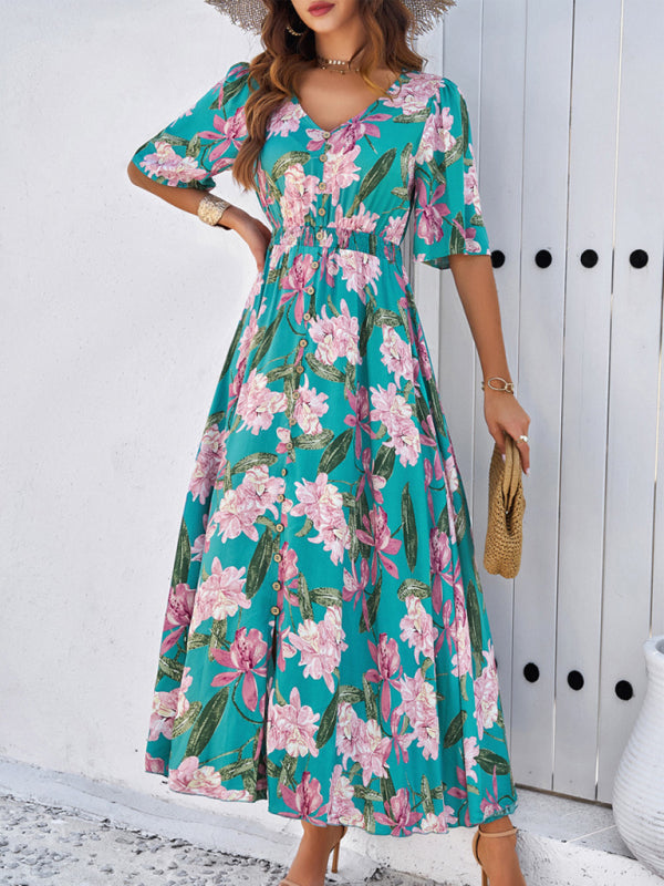 Women's spring and summer vacation casual floral print slit dress