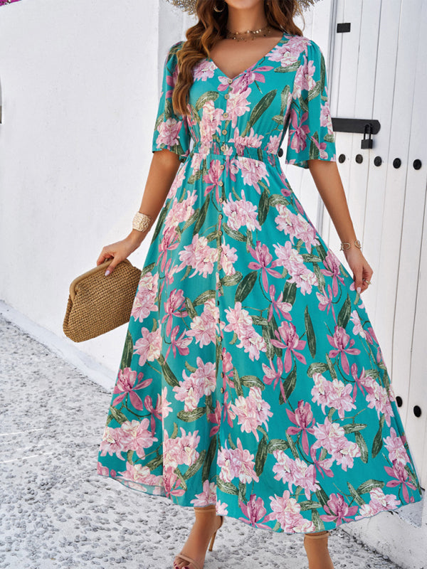 Women's spring and summer vacation casual floral print slit dress