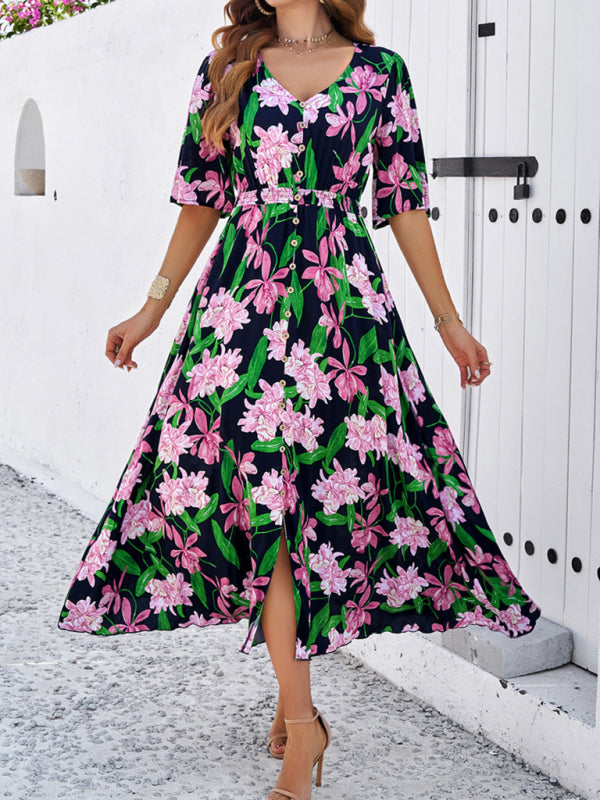 Women's spring and summer vacation casual floral print slit dress