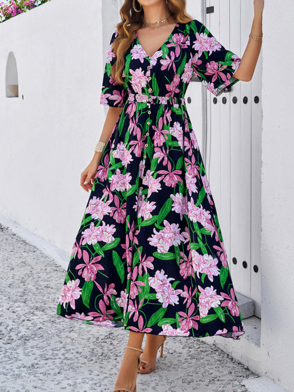 Women's spring and summer vacation casual floral print slit dress