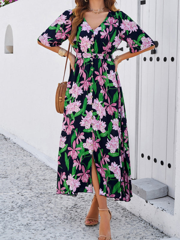 Women's spring and summer vacation casual floral print slit dress