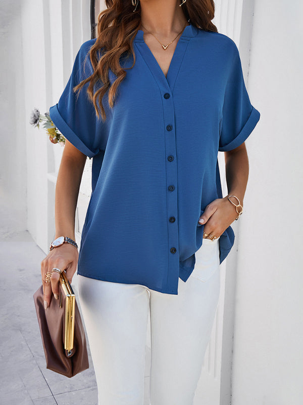 New spring and summer temperament solid color casual stand collar shirt