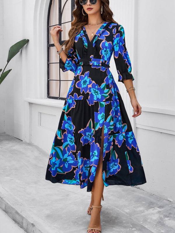 Spring and summer new holiday casual printed V-neck slit dress