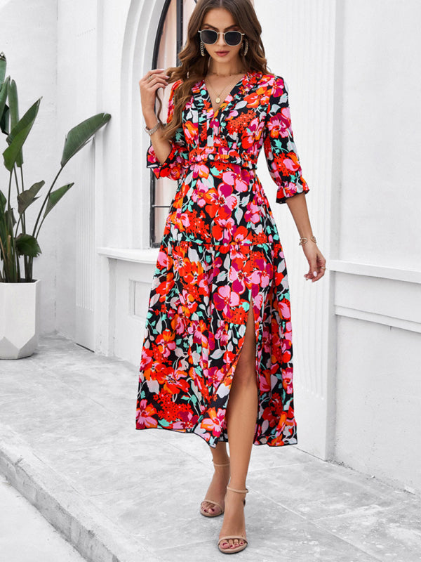 Spring and summer new holiday casual printed V-neck slit dress