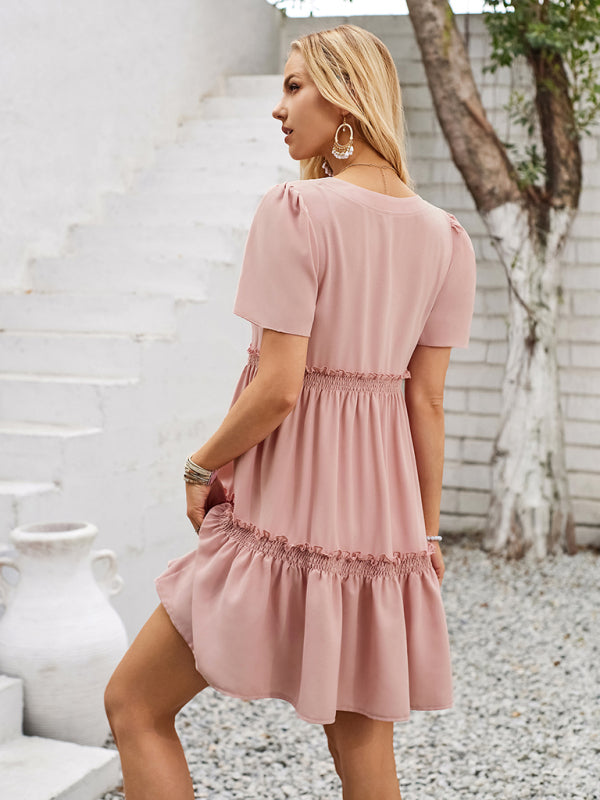 New fashionable solid color V-neck casual ruffle sleeve dress