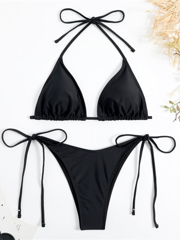 Plain color split strap women's sexy triangle bikini