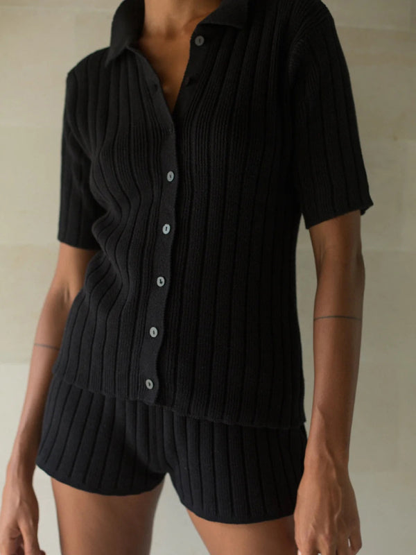 Lapel knitted short-sleeved cardigan thin shorts set