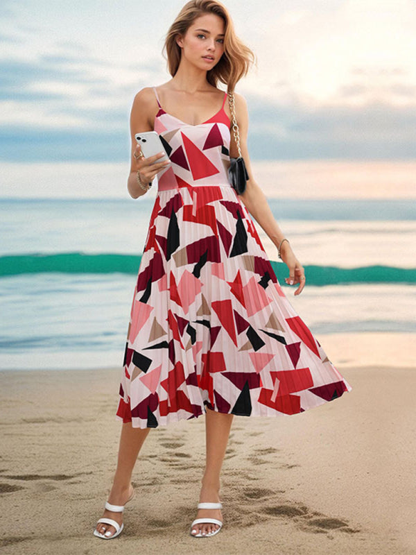 new women's sling holiday geometric print a-line midi dress