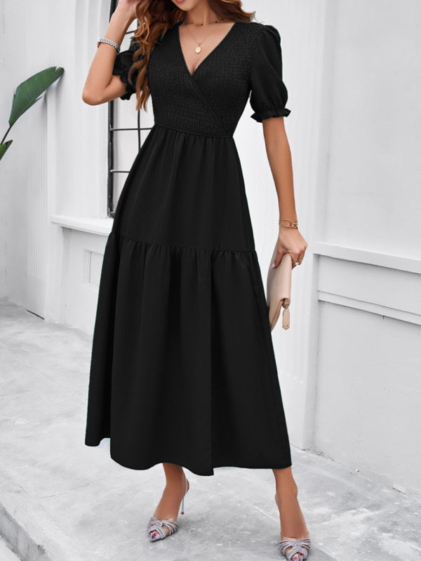 New spring and summer solid color temperament V-neck short-sleeved long skirt